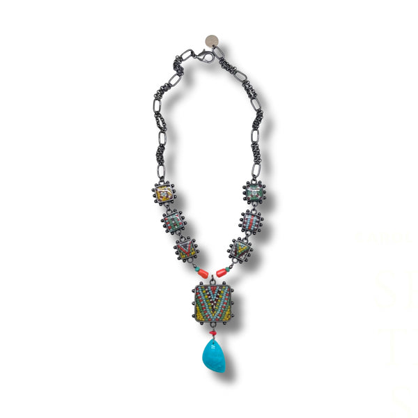 Multi-color Czech Glass, Amazonite, Coral, Turquoise and Gun Metal Necklace