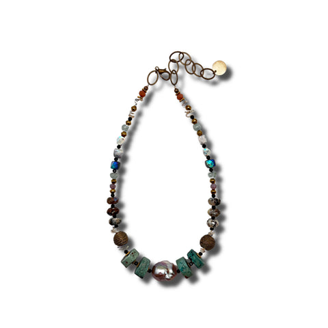 Baroque Pearl, Chrysocolla & Australian and Dendrite Opals & Brass Necklace