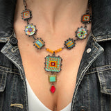 Multi-Color Czech Glass, Amber & Gun Metal Necklace