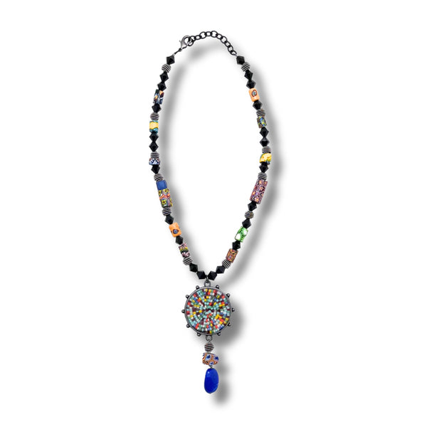 Multi-Cplor Bead, Lapis, Crystal and African Mille Fleur Necklace