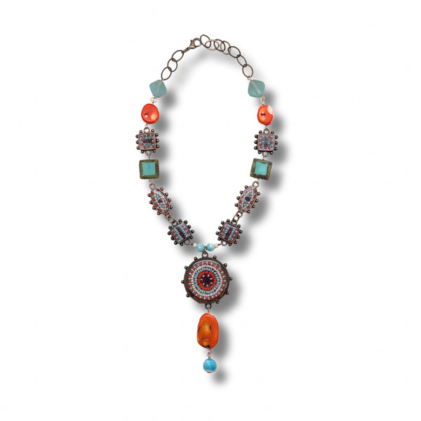 Czech Seed beads, Coral & Larimar Necklace