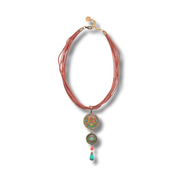 Czech Glass, Turquoise, Carnelian and Leather Necklace