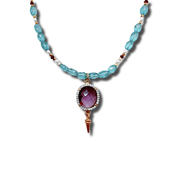 Aqua Apatite, Amethyst and Pearl Necklace